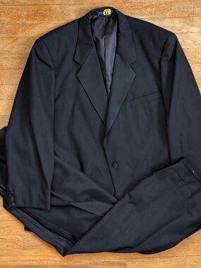 Vintage Mens Tuxedo Set Size 46R Blazer 42x29 Pants 90s Black Wool Blend Satin